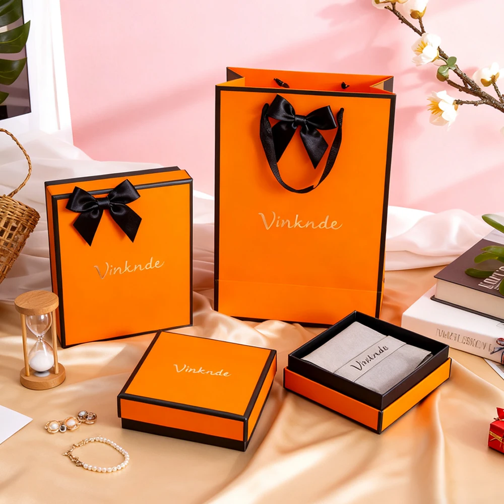 

7*7*3cm Orange Black Cardboard Necklace Earring Package Box with Lid Suede Microfiber Envelope Pouch Set for Jewelry Storage