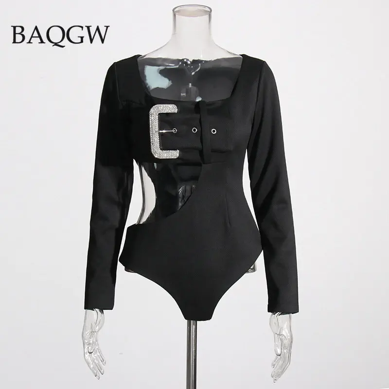 Autumn Long Sleeve Square Collar Diamond Buckle Belt Hollow Out Waist Black Bodysuits Short Skirt sold separate Luxury Women Set