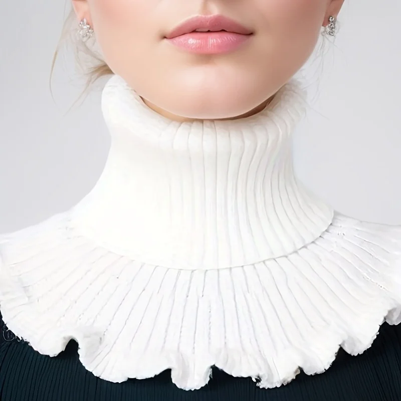 Fashionable black and white knitted false neck scarf - soft, thick, and warm, with elegant ruffle edge design for women