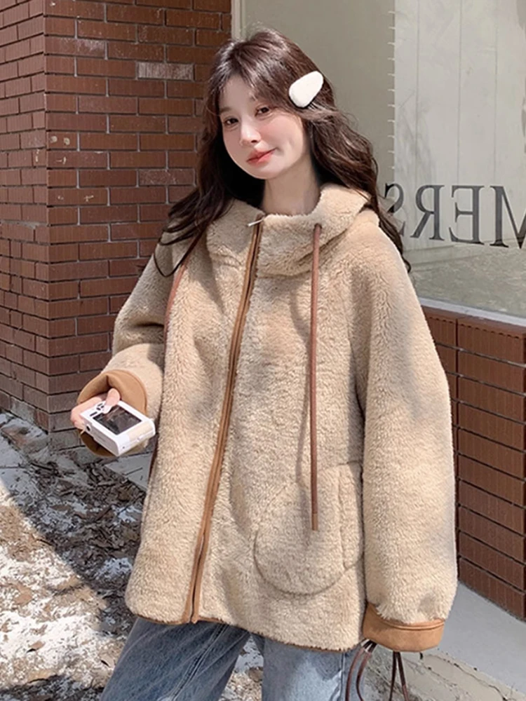 Korean Lazy Sle Hooded Lamb Fur Jaet Women's ort Warm Cotton Coat Zipper Casual Outerwear Spring Autumn Winter New Arrival