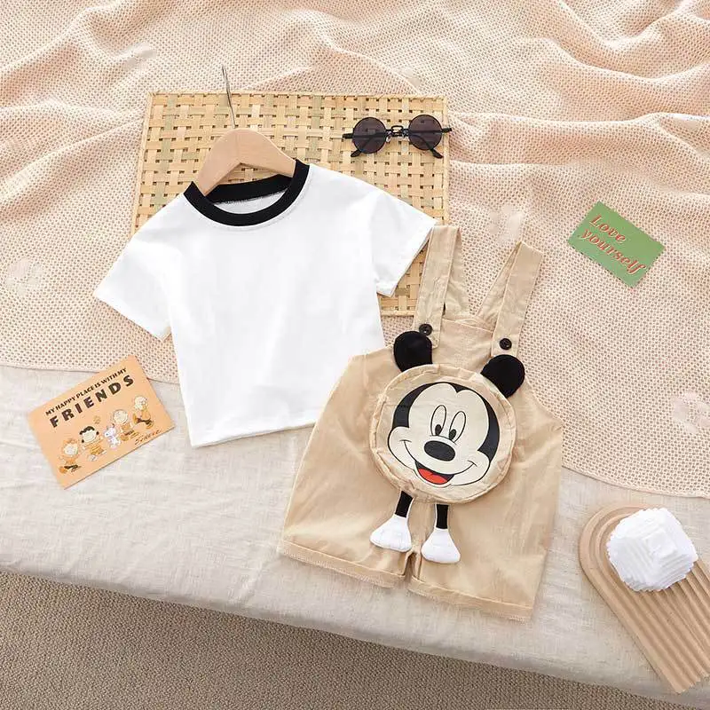 Summer Baby Boys Girls Rompers Newborn Short Sleeve T Shirt + Brace 2 Pcs Sets Cartoon Mickey Mouse Infant Cotton Kids Jumpsuits