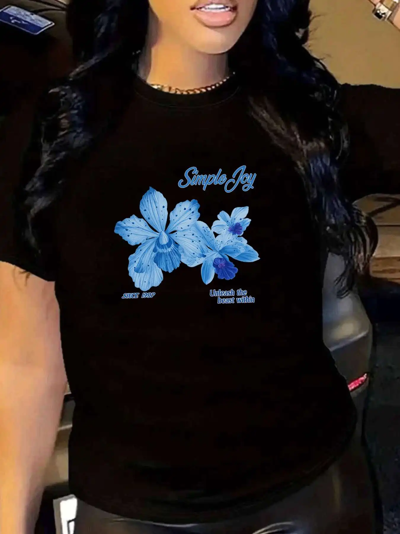 

Женская футболка с цветочным принтом синей орхидеи — повседневная эстетичная одежда в стиле Харадзюку с короткими рукавами «Простой радость»