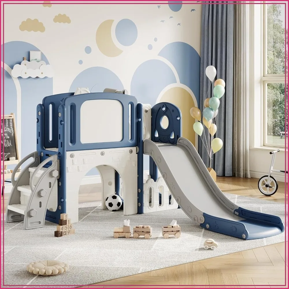 

8-in-1 Toddler Slide Playset with Climber, Basketball Hoop, Telescope, Tunnel, Storage for Indoor & Outdoor Fun