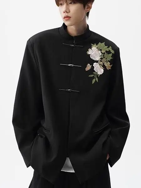 

New Chinese Sle Embroidered Peony Flower Stand Collar Spring Autumn High-End Men's Suit Jaet Large Size Wedding Western Wear