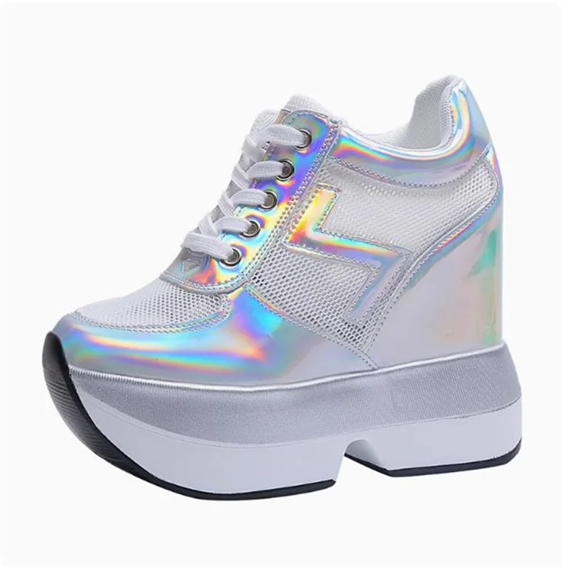 New Arrival Autumn Fashion Casual Shoes for Women High Platform Trainers 12 CM Thick Soled Black Silver Size 34-40