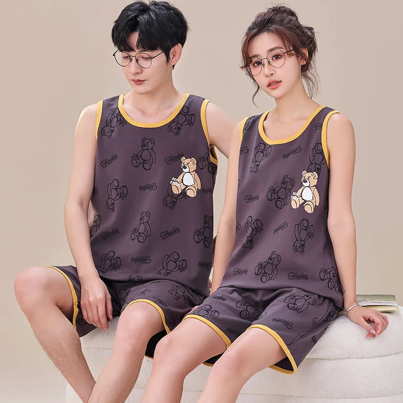 Newest Vest Pajamas Set Couple Sleeveless Round Neck Sleepwear Loose M-4XL Pyjamas Male and Female Home Clothing