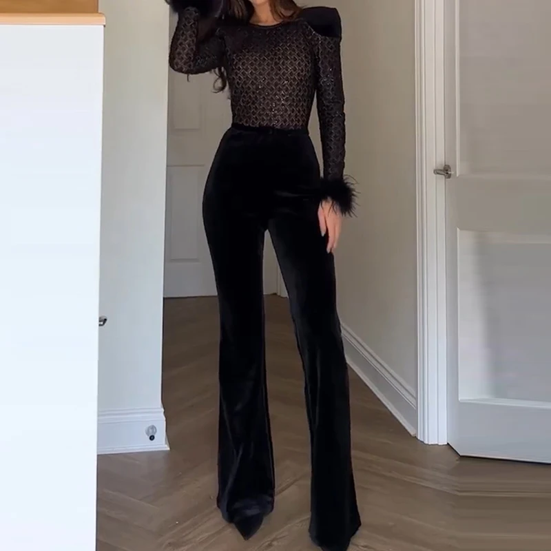 Women Patchwork Velvet Slim Party Rompers 2025 Long Sleeve Feather Combination Luxury Lattice High Waist Wide Leg Long Jumpsuit