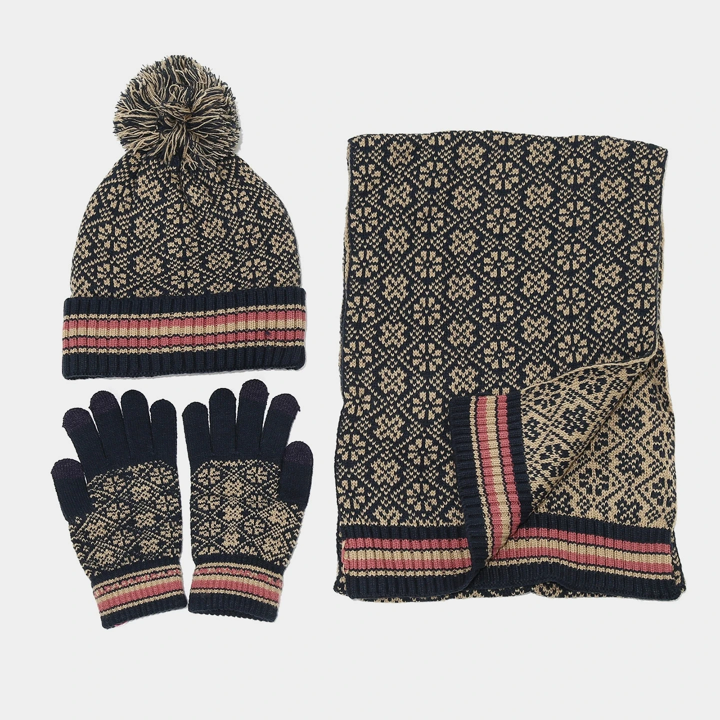 Autumn/Winter Women Jacquard Knitted Hat Scarf and Gloves Set for Cold Weather Outdoor Warm Three-Piece Set for Men and Women