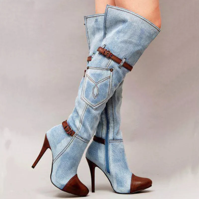 Botas Over The Knee Women Boots Autumn Winter Denim High Heels Ladies Shoes Sexy Buckle Strap Platform Long Boot Thigh High Boot