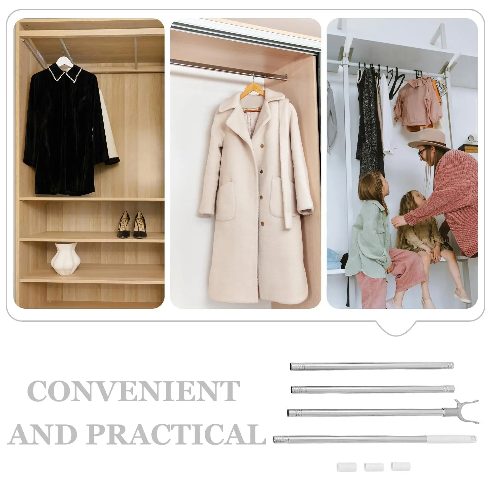 

Balcony Clothes Rail Hook Pole Hanging Rod Hooks Silver Plastic Closet Reacher Poles for
