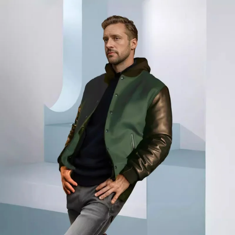 2024Autumn and Winter Independent Station European Size New Men's ClothingPULeather Sleeve Stitching Flight Jacket Single-Breast