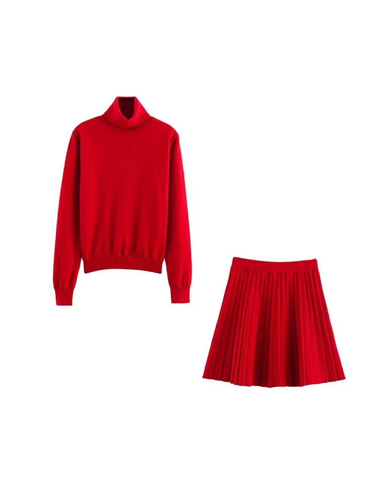 

European style new women's fashion versatile and elegant solid color long-sleeved top and pleated skirt knitted set