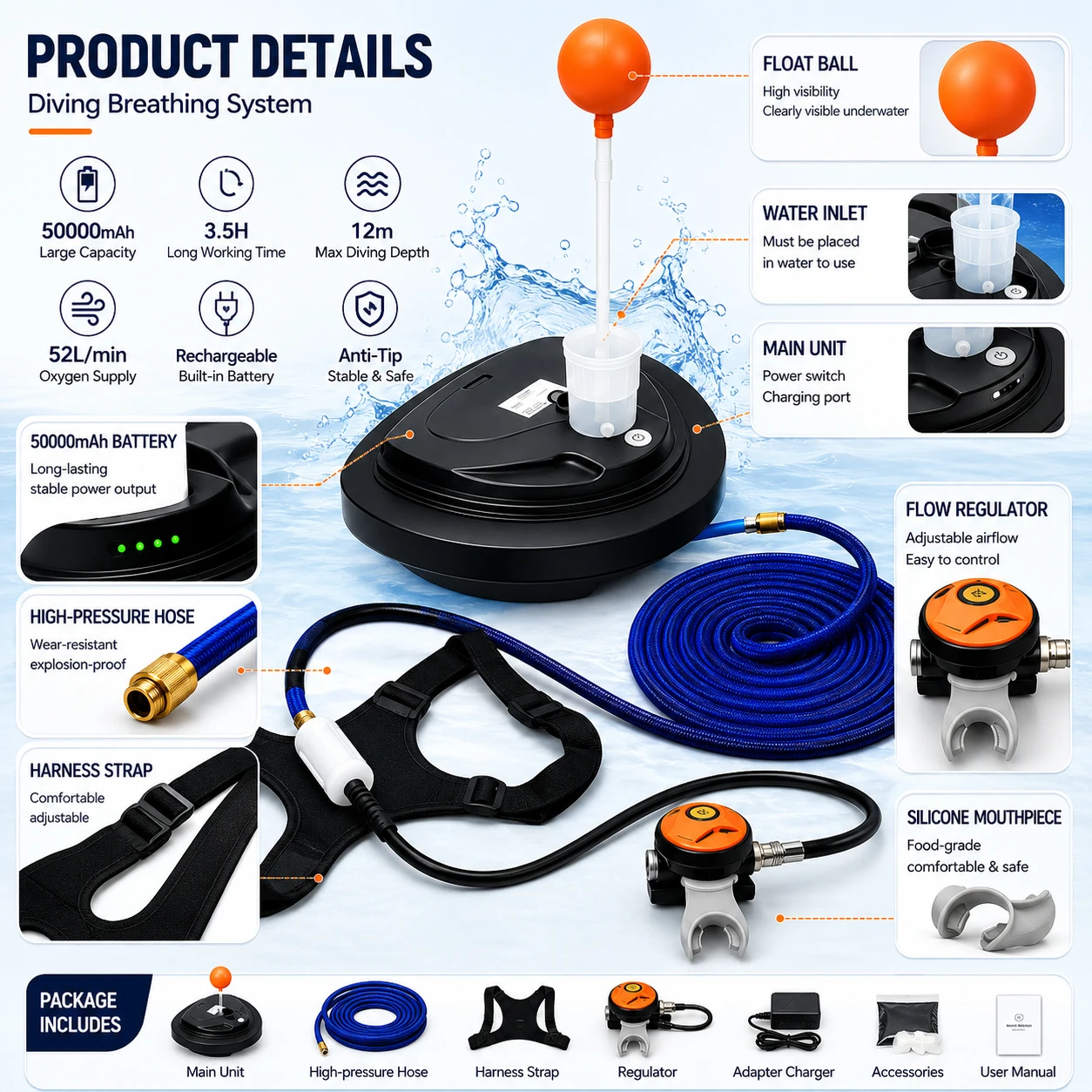 Free Shipping Scuba Respirator Diving Ventilator Battery Life Of 3.5 Hours Depths Of Up To 12M For Fishing And Rescue Operations Waterproof Tankless Underwater Breathing System Extreme Sports Outdoor Fishing Oxygen Generator