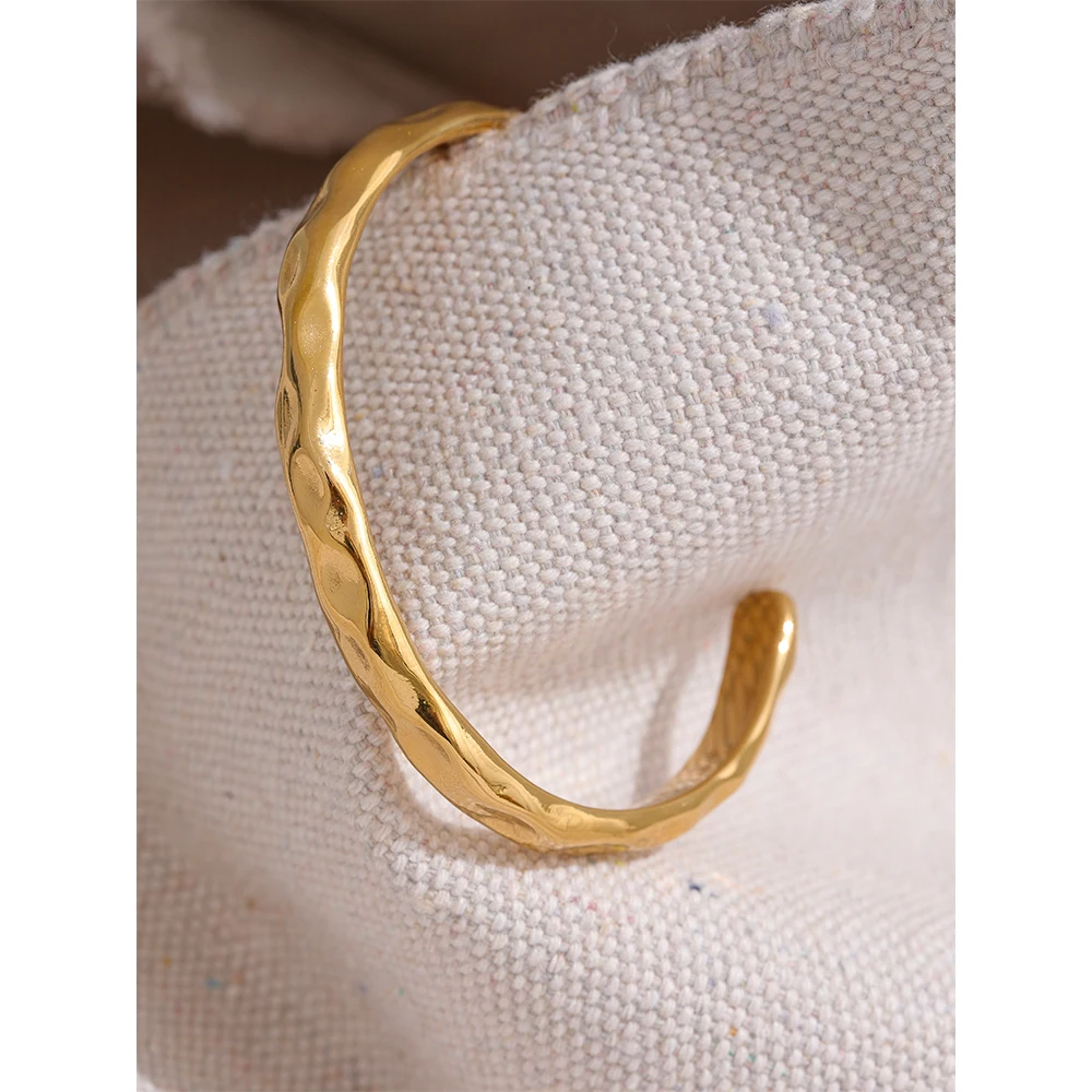 Yhpup Minimalist Gold Color Tarnish Free Fashion Stainless Steel Bangle Bracelet Metal Texture Simple Open Charm Wrist Jewelry