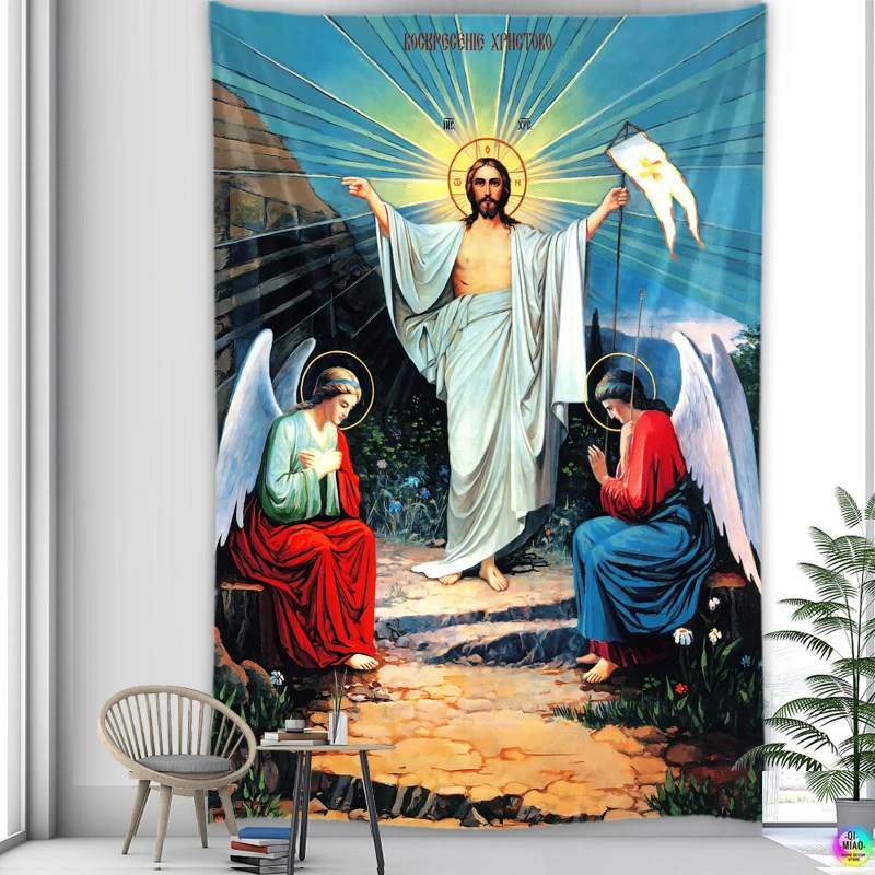 Christ Resurrection Wall Tapestry Jesus Medieval Wall Decor Hanging Vintage Lace Easter Tapestries Home Decor Room Decoration