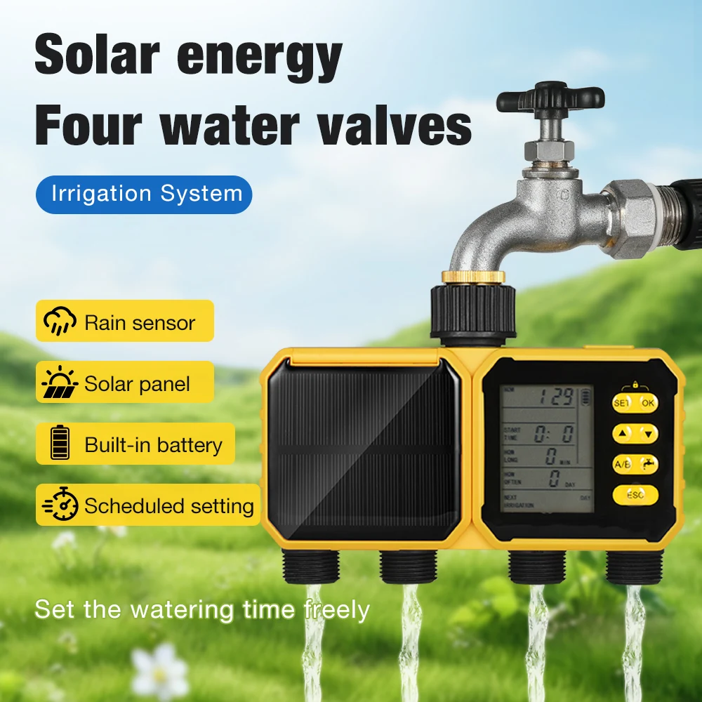 LCD Display Solar 4 Outlets Irrigation Automatic Watering Controller Watering Device