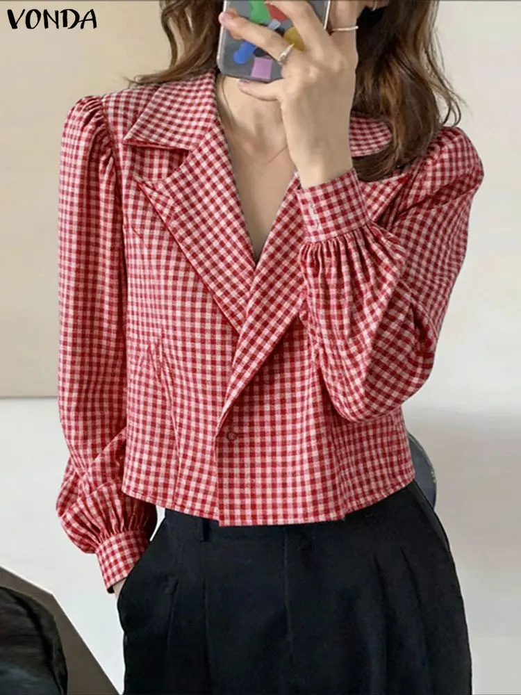 VONDA, camisas elegantes a la moda para oficina para mujer, blusa a cuadros de manga larga para mujer, Blusas informales holgadas con estampado Vintage para otoño 2025, Tops para mujer