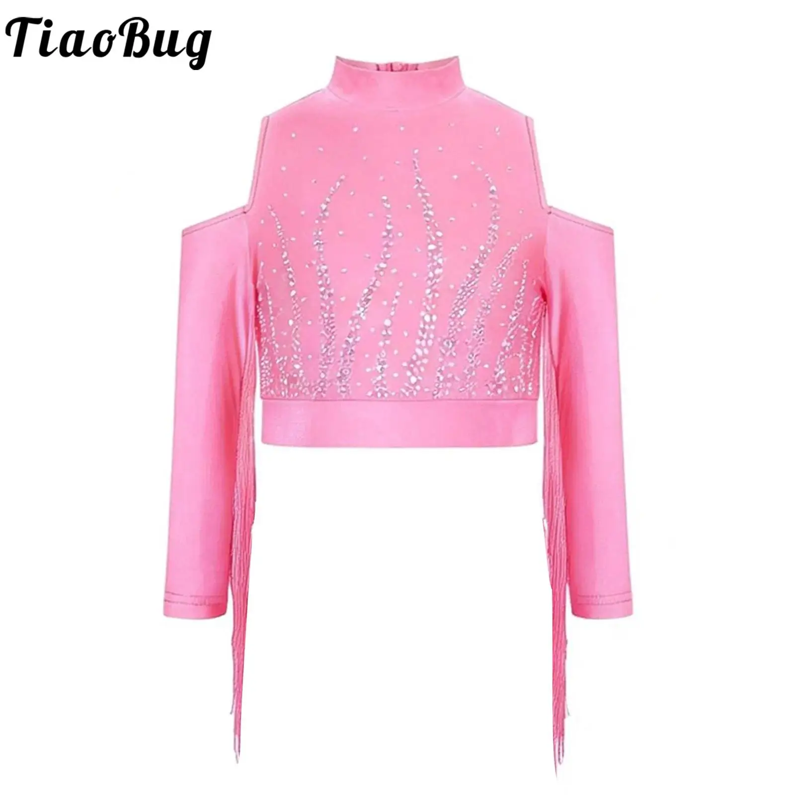 

Kids Girls Tassels Long Sleeves Latin Jazz Tango Top Chacha Salsa Dance Crop Top Cold Shoulder Back Zipper Shiny Rhinestones Top