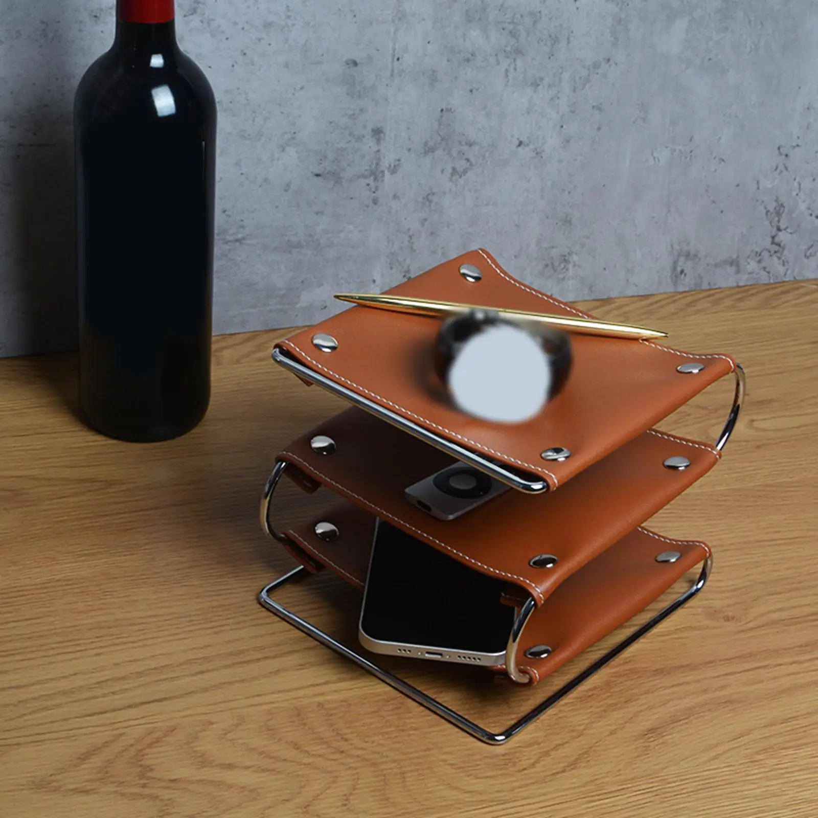 3 Tiered Leather Desktop Storage Rack PU Leather Remote Controller Holder Decorative Jewelry Dish Jewelry Tray Desktop Key