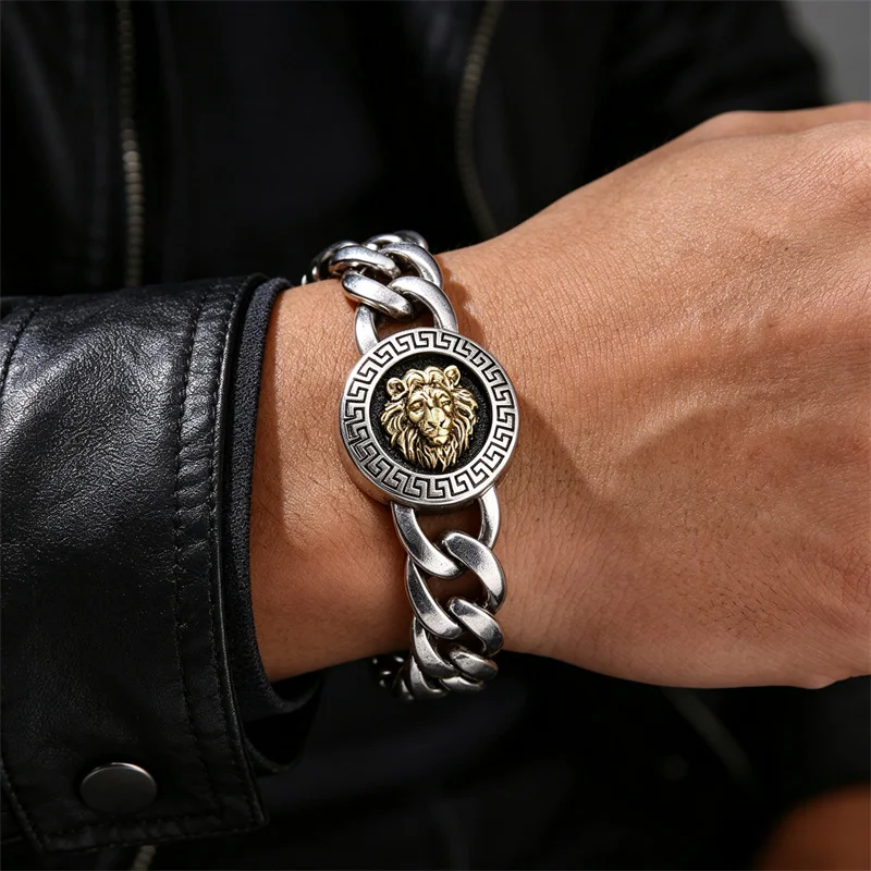 Retro Punk S925 Sterling Silver Mens Bracelet Thick Curb Cuban Chain Two-tone Lion Head Round Charm Male Wristband Jewelry 5