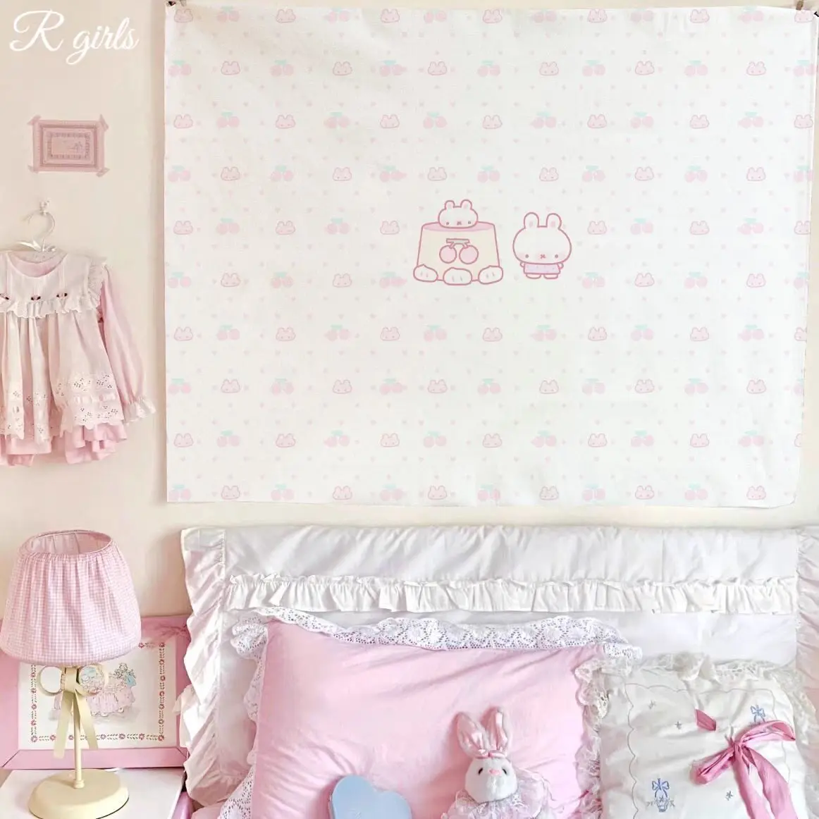 Cute Cartoon Panda Wall Hanging – Adorable, Girly-Pink Aesthetic Tapestry for Dorm Room Decor Background Cloth for Bedroom Dorm