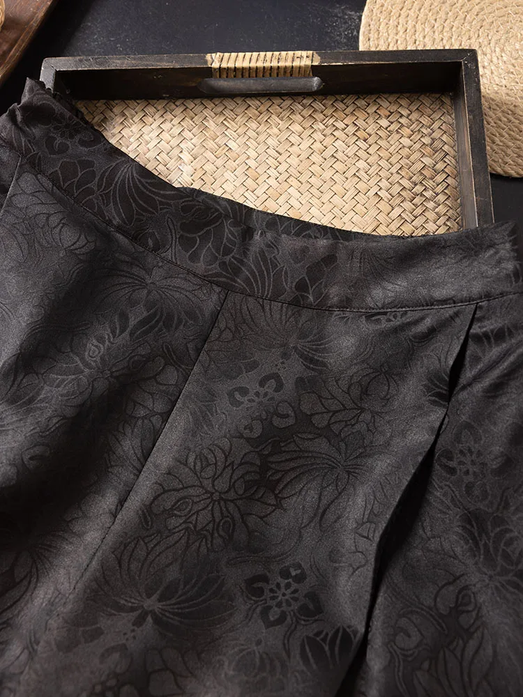 Women's Autumn Clothing 100% Natural Mulberry Silk Gambiered Guangdong Gauze Black Jacquard Fashionable Loose Straight-leg Pants