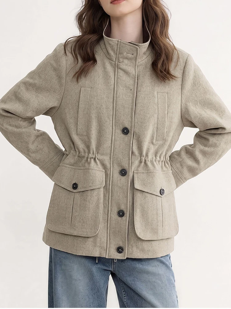 Old Money Wind-Up Collar Wool Coat for Women - 2026 Autumn Loose-Fitting Waist-Skimming Formal Jacket
