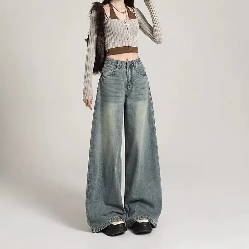 Large Size Fat Mm Retro Wide-leg Jeans Women's Spring And Autumn New Pear-shaped Thin Loose Drape Lazy Floor-mopping Pants