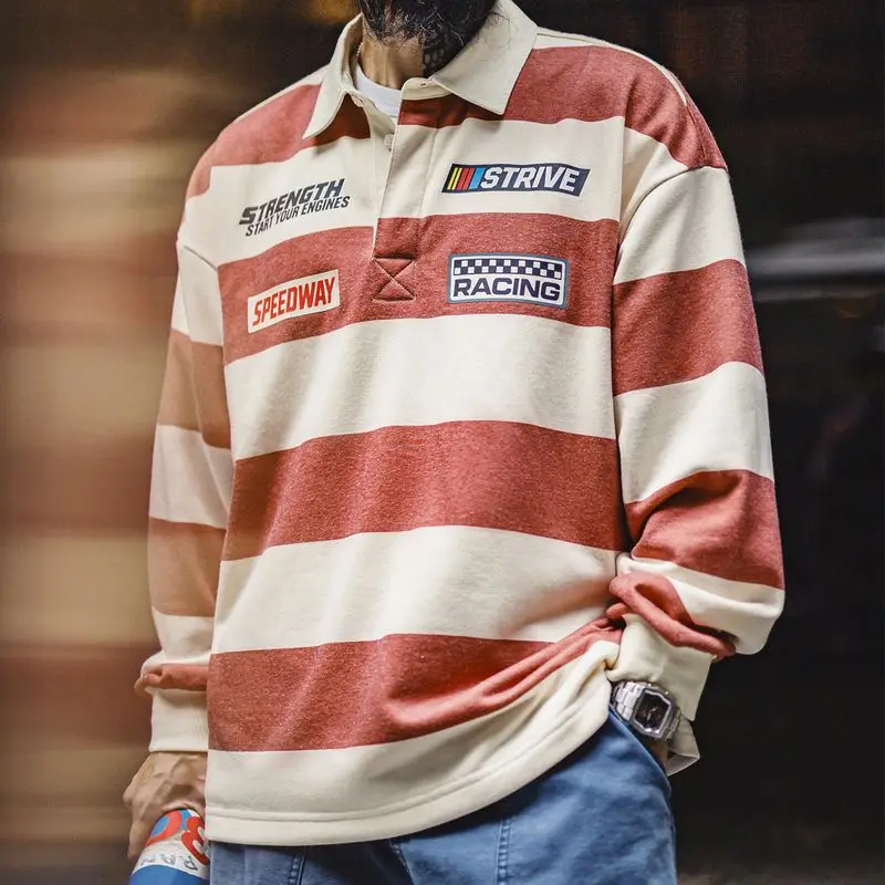 Maden Men's Long Sleeve Knitted Shirt Loose Fit Vintage Striped Base Layer Top Casual Style Polyester Fiber Autumn Season