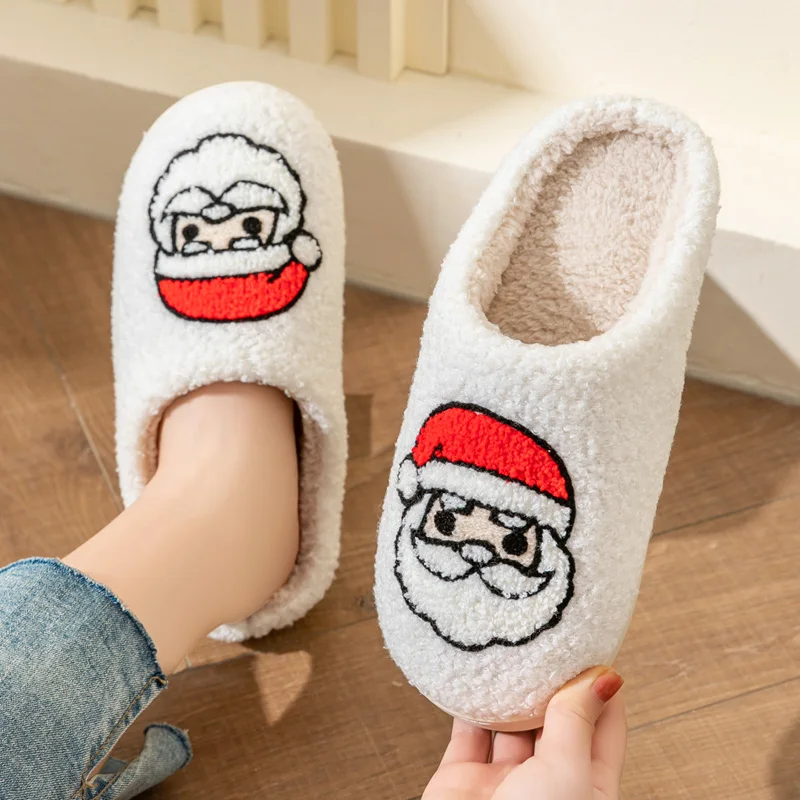 Christmas Home Warming Slippers for Women in Autumn and Winter Indoor Slip-Resistant Plush Home Shoes with Christmas Hat Unisex