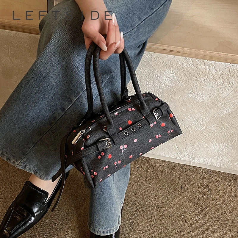 LEFTSIDE Damen Bedruckte Denim-Tragetasche mit Schnallendetail Doppelgriff Y2K Niedliche Ästhetische Tägliche Einkaufs- und Reise-Schultertasche 2026