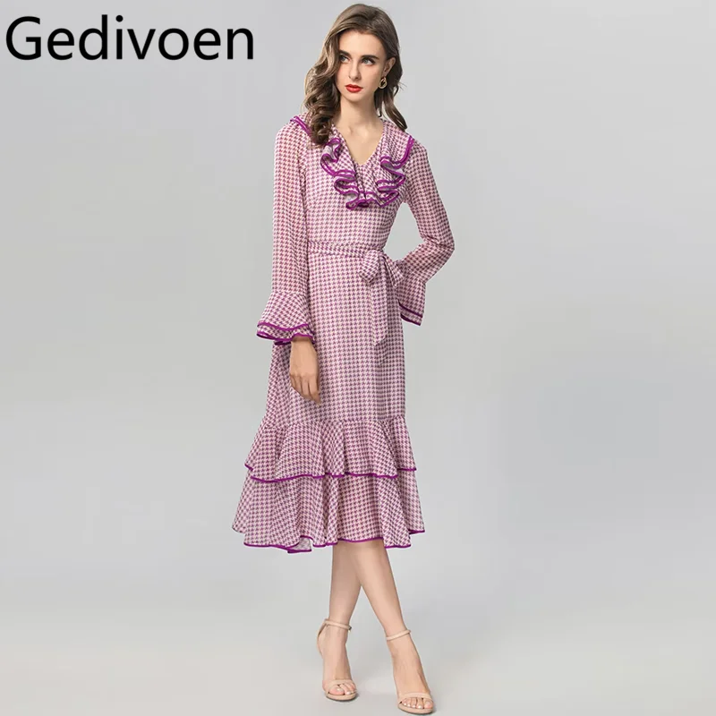 

Gedivoen Fashion Runway Autumn Winter Women's Dress V-Neck Flounced Edge Flare Sleeved Lace-Up Elegant Romantic Dress