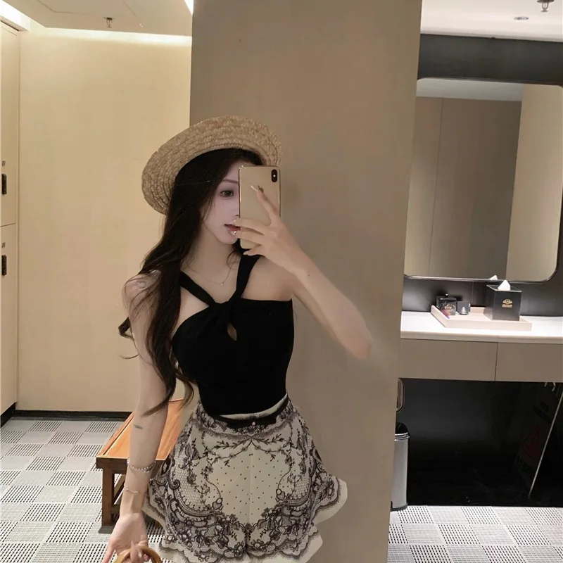 Atasan Vest Spicy Girl Model Ne dengan Pinggang Tinggi, Hiasan Renda, Motif Cetak, Set Dua Potong Musim Panas 2025, Pakaian Wanita Modis