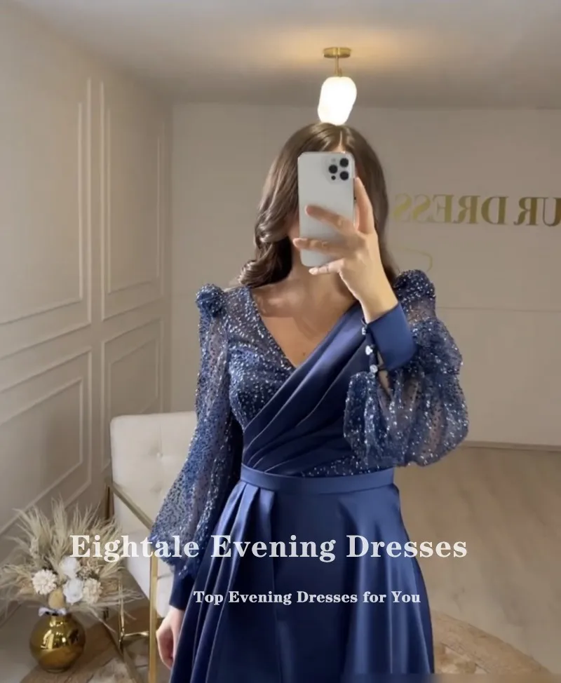 Eightale Navy Blue Short Evening Dress for Wedding Party Customized Satin Gliiter Prom Gown Long Puffy Sleeves Celebrity Gown