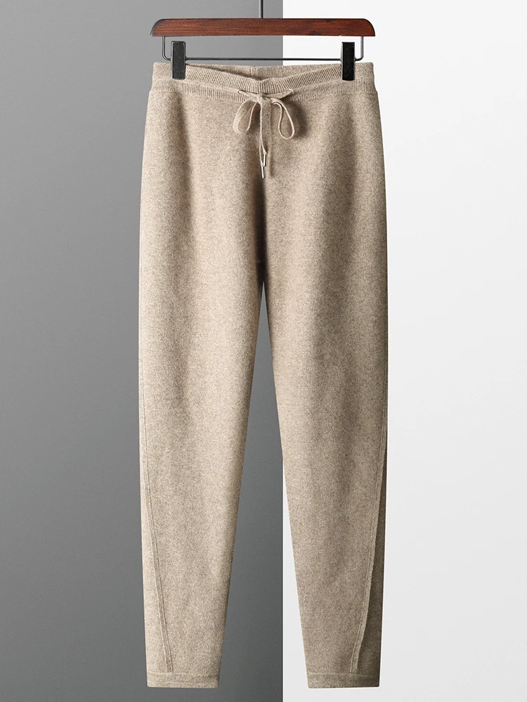100% Cashmere Pants Men's Thicken Casual Seam Pencil Pants Autumn Winter Drawstring Elastic Waist Trousers Fashion Solid Knitted