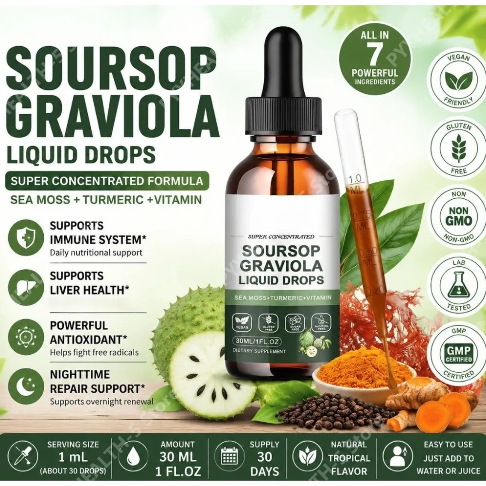 Soursop Graviola Liquid Drops with Sea Moss, Turmeric and Vitamin B6 for Antioxidant Support and Nighttime Repair, 30 ML