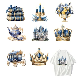 Fashion Castle Blue Gold Crown Carriage DTF Thermo Sticker decalcomanie trasferimento di calore sui vestiti toppa in ferro per felpe stampa