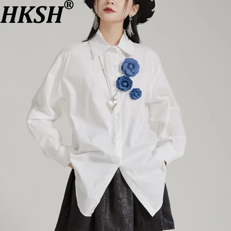

HKSH Spring Autumn New Women Casual Shirt Three-dimensional Flower Contrast Color Single Breasted Long Sleeve Sweet Tops HK11178
