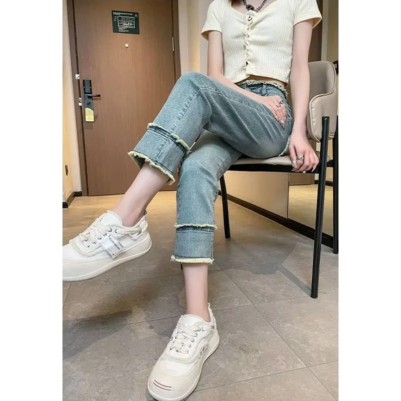 Narrow Version Straight Jeans Women's Summer Thin 2025 New Female Short high Waist Cowboy Ladies Slim Pants.