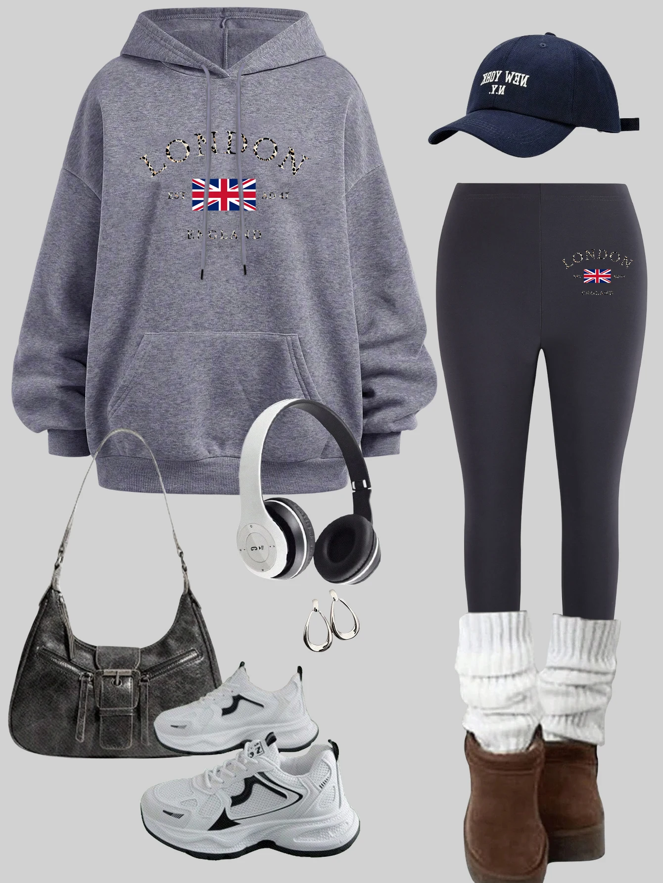 

London England Est 47 Printed Hoodies Set Women Casual Fleece Pullover Hip Hop Pocket Clothing Sets Autumn Warm leggings