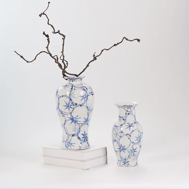 Gilt blue and white hand-painted retro ceramic vase ornament living room entrance new Chinese flower ware decoration