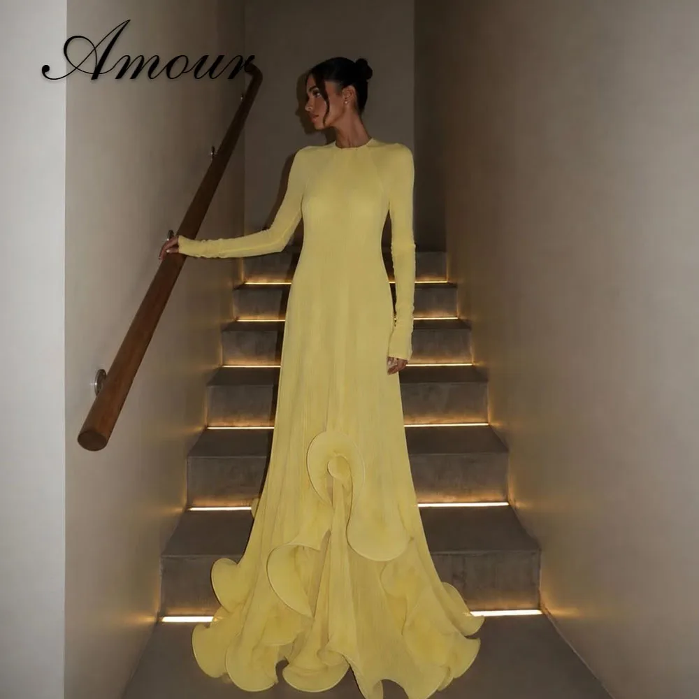 Amour Maßgeschneiderte Abendkleider im modernen Stil aus Chiffon mit Rüschen und Falten, A-Linie, elegant, O-Ausschnitt, lange Ärmel, bodenlang, für den Abschlussball