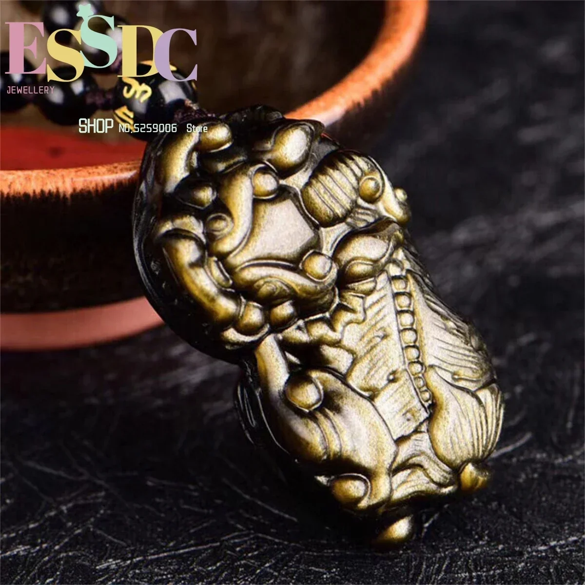 Natural Gold Obsidian 90 Degree Right Angle Pixiu Pendant for Men and Women's Skew Head Ruyi PiXqiu Crystal Necklace Wholesale