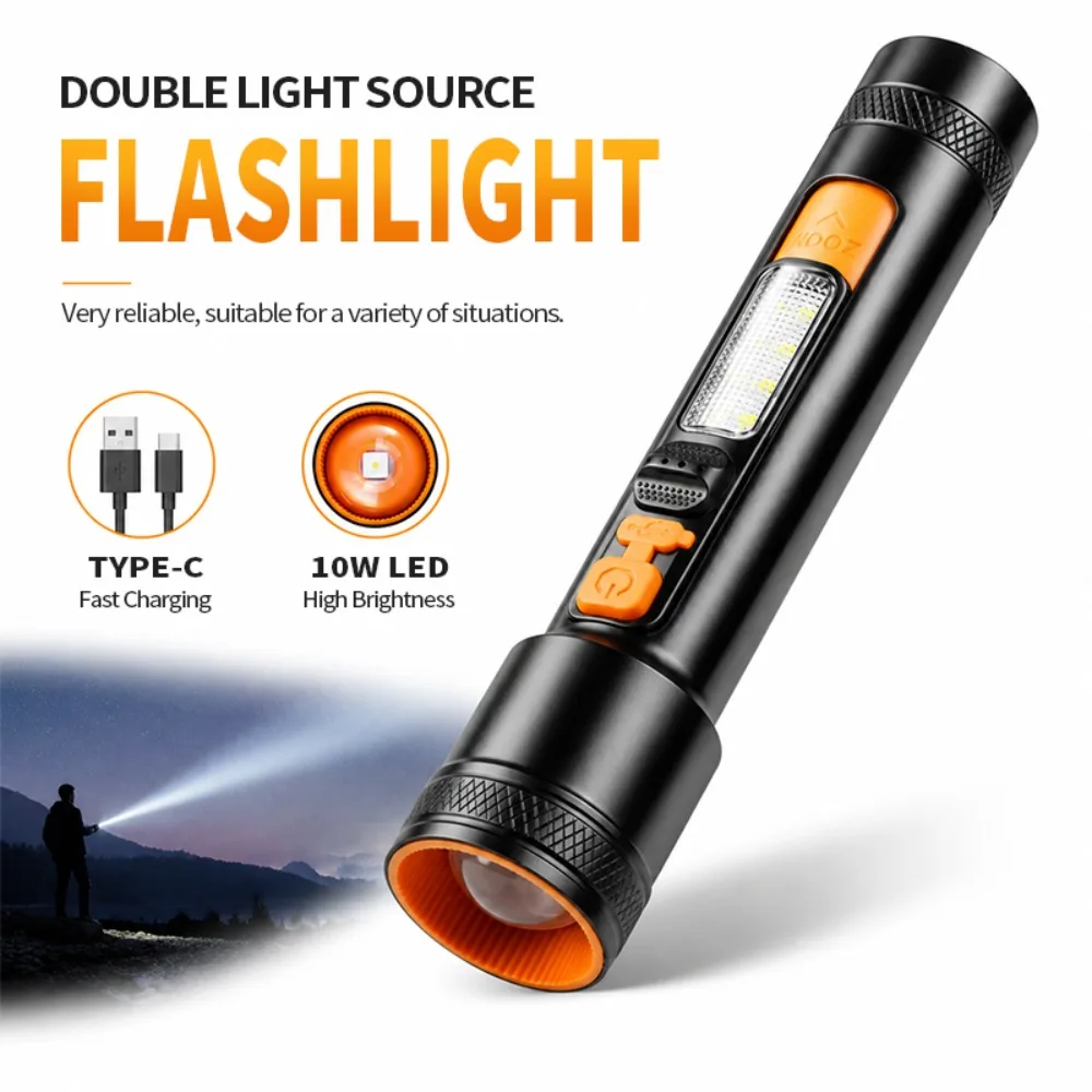 30W High Power LED Flashlight Push-Pull Zoom Torch with Power Indicator and Side Light for Outdoor Emergency Lighting