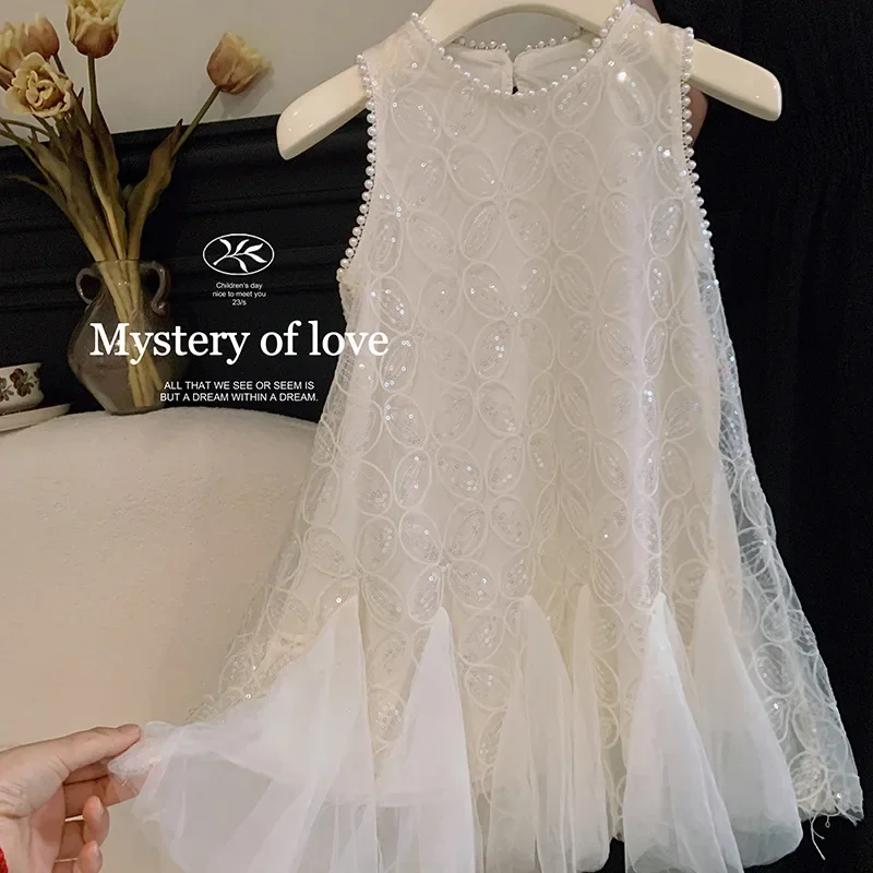 Kids Girlnew Summer Princess Dress Korean Style Round Neck Sleeveless Solid Color Sequined Vest Dresses Children Clothing H23229