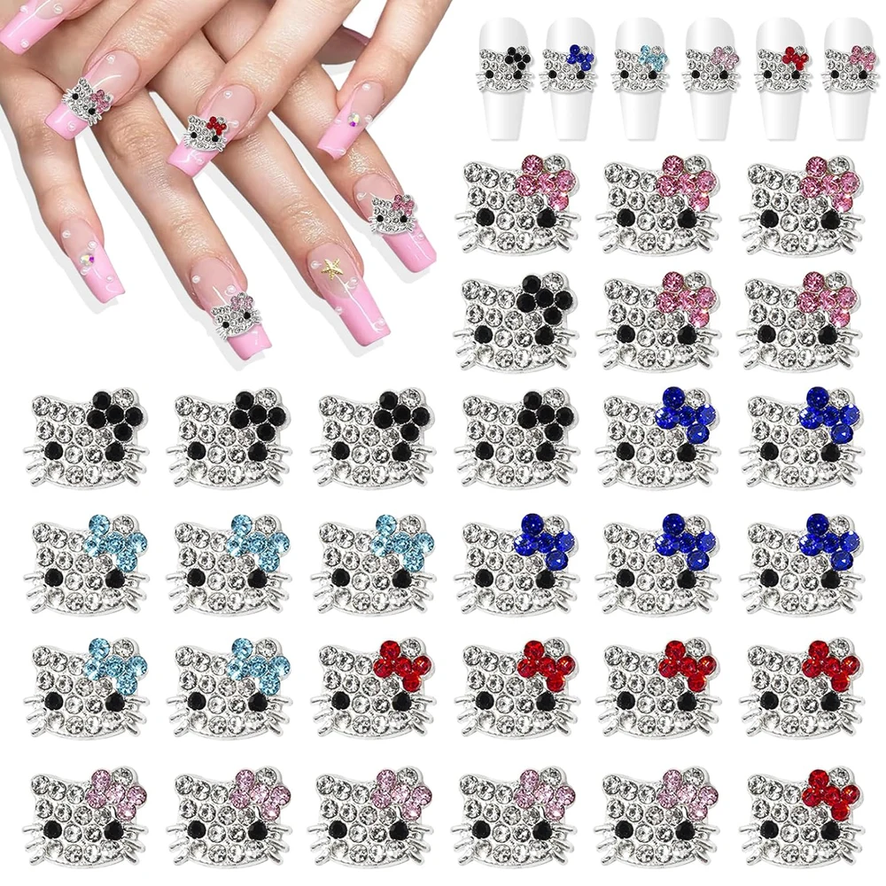 6 Raster/Doos Strass Metalen Hello Kitty Nagel Bedels Roze Strik Kitty Volledige Diamant Nagel Decoratie 6 Kleuren Manicure Accessoires Gl