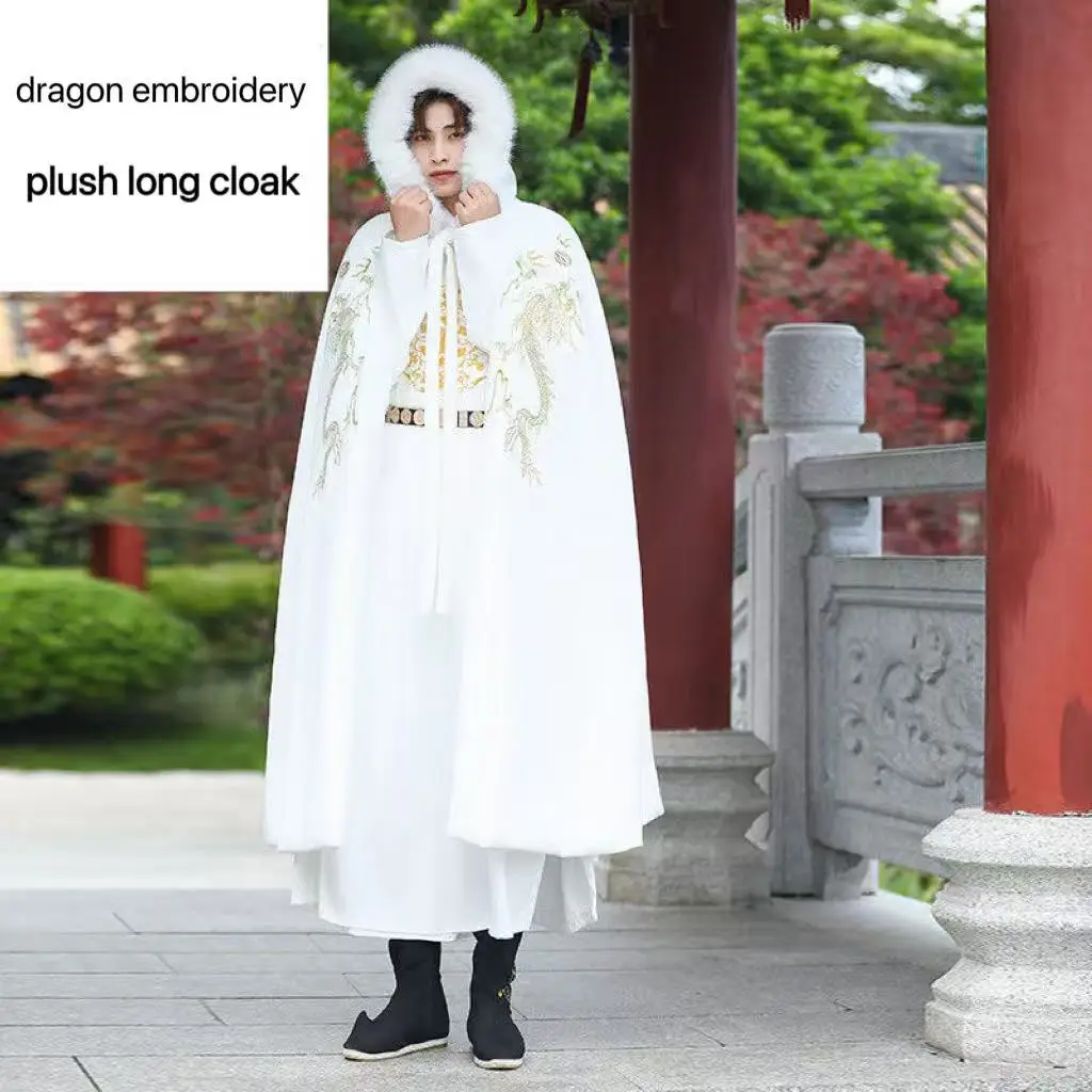 Capa de inverno vermelha da sorte, masculina, feminina, tradicional chinesa, casamento, hanfu, longo, robe, dragão, bordado, gola de pelúcia, capa de evento de natal