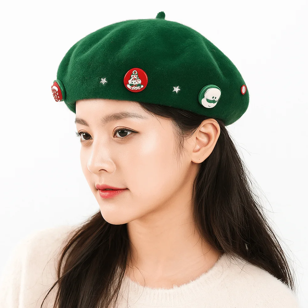 

Casual Woolen Christmas Beret Solid Color Christmas Tree Wool Beret Star Korean Style Painter Hat Travel