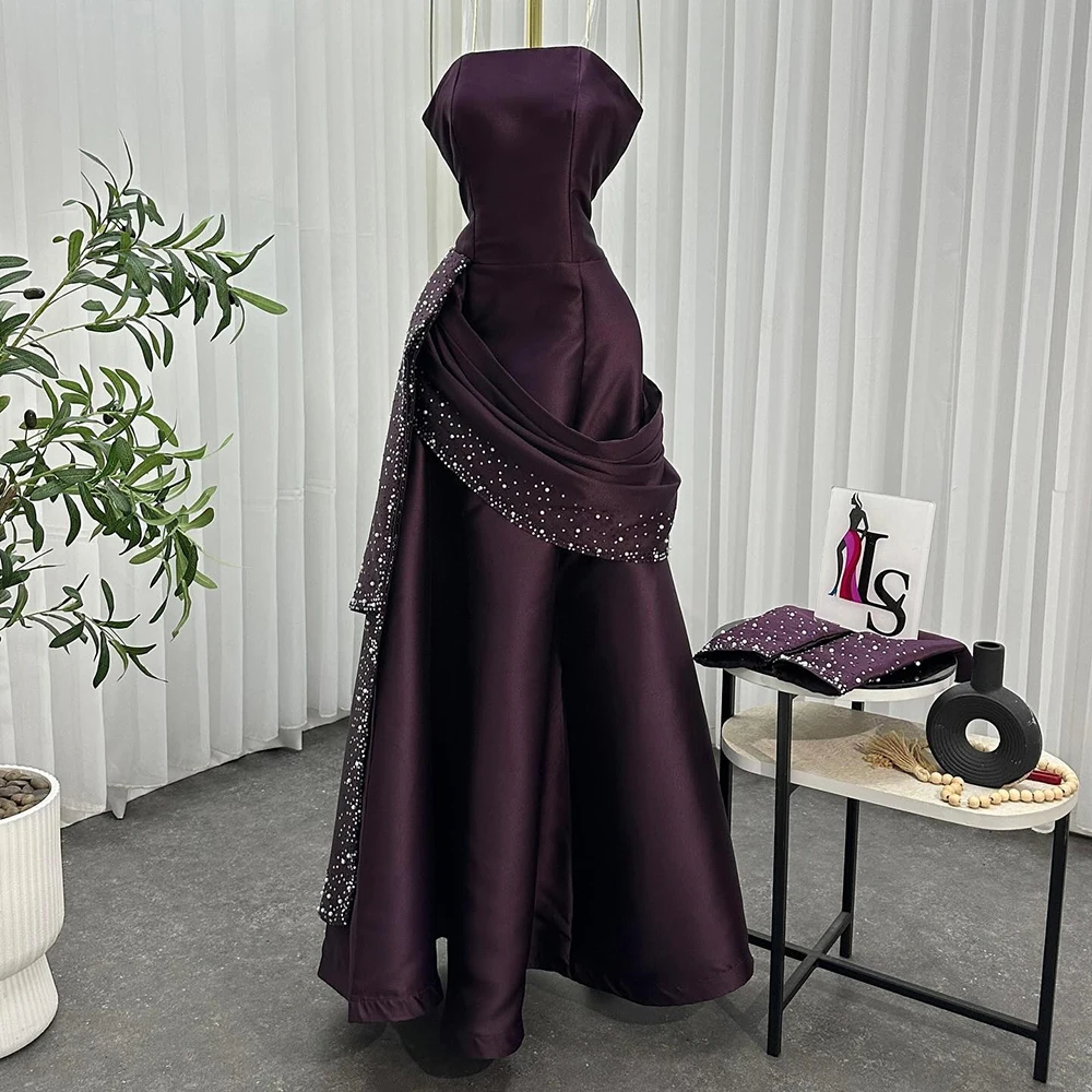 Abiti da sera a trapezio personalizzati Abito da ballo a maniche lunghe senza spalline lungo fino al pavimento Abito da festa con lacci senza schienale in cristallo di moda