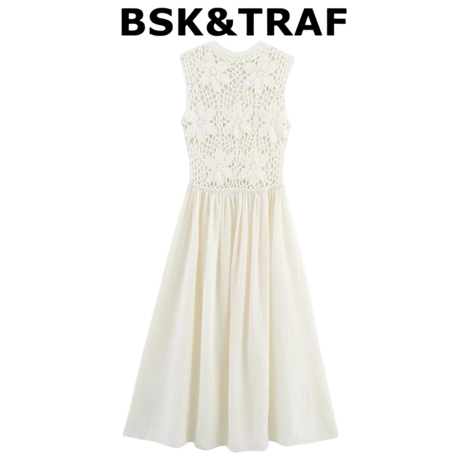 

BSK&TRAF2025 Summer New Products Women's Wear Elegant Flower Embroidery Splicing Round Neck Sleeveless Dress 7521/522